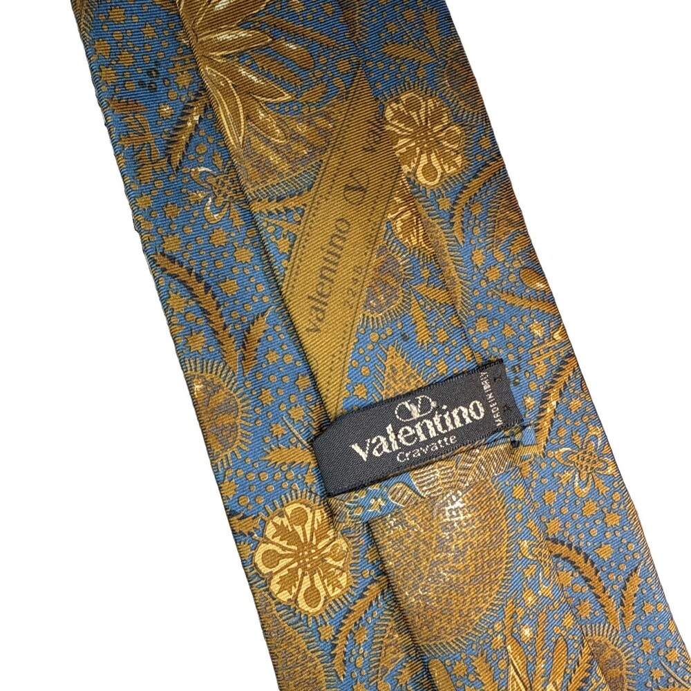 Vintage Valentino Blue Gold 100% Silk Tie Floral Medallion Paisley Italy